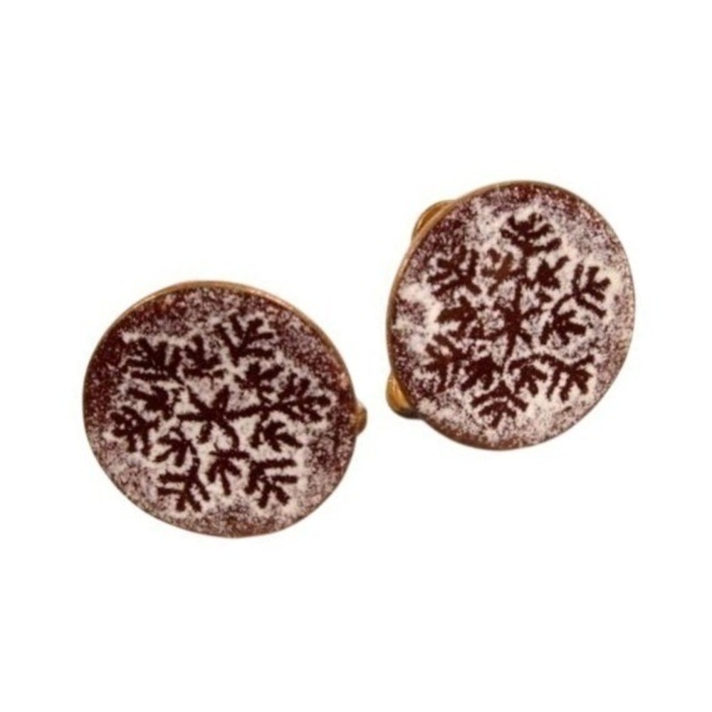 Vintage Enamel Snow Flake‎ Copper Round Circle Screw Back Earrings